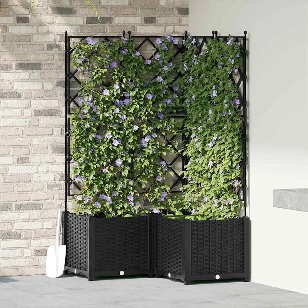vidaXL Jardineira com Treliça 3 pcs Preto 80 x 80 x 143 cm PP