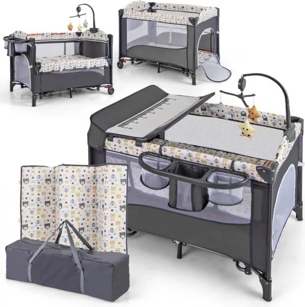 Berço dobrável para bebé, trocador de fraldas com caixa de música e brinquedos pendurados 110 x 76 x 76 cm Cinza