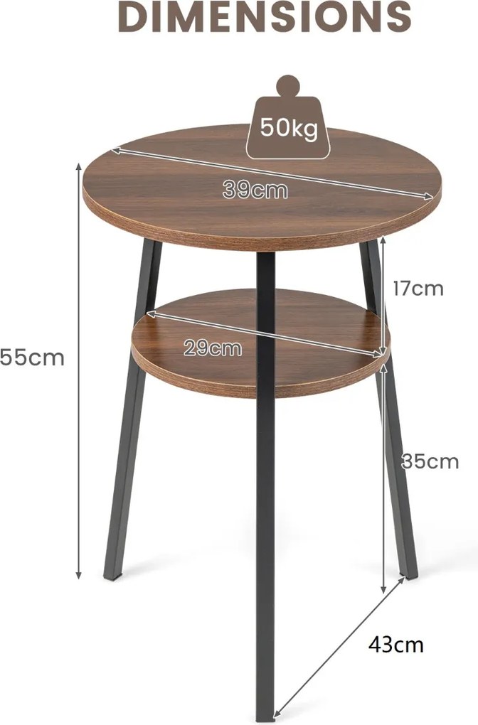 Mesa Auxiliar Redonda de 2 Níveis, 43 x 39 x 55 cm, Arrumação Aberta, Cor Nogueira