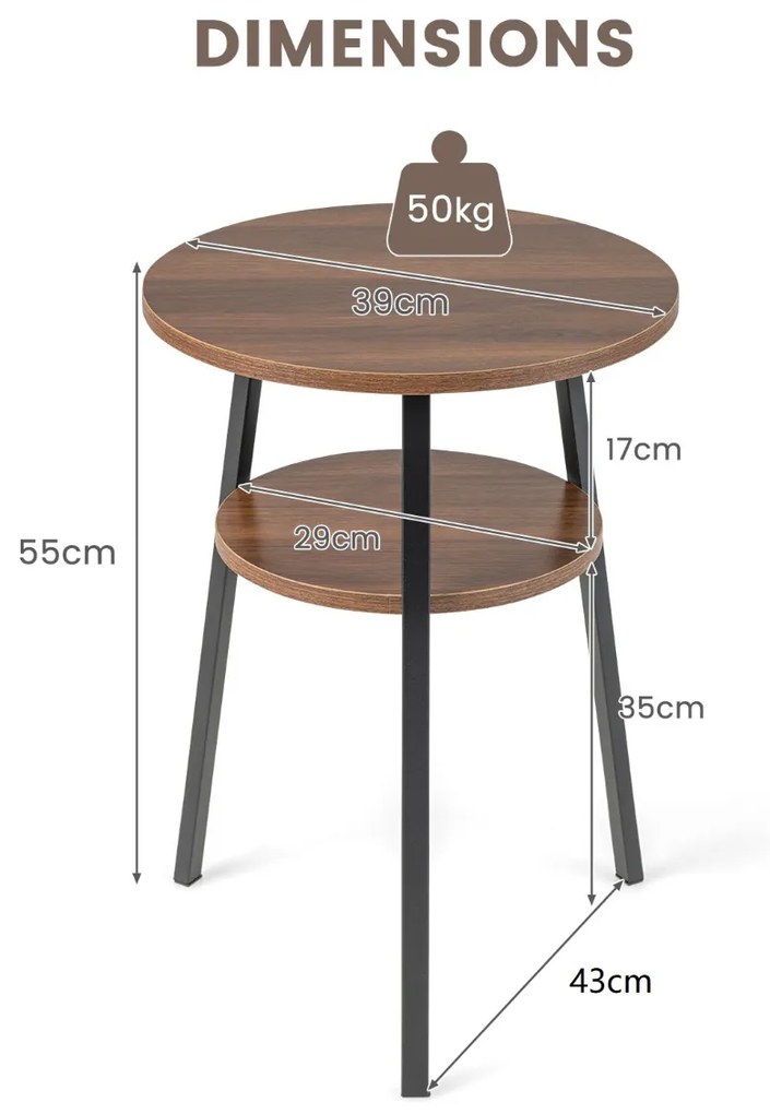 Mesa Lateral Redonda Mesa de Cabeceira de 2 Camadas com Prateleira Aberta Armação Triangular de Metal Retro Versátil para Sala de Estar de Quarto Nogueira