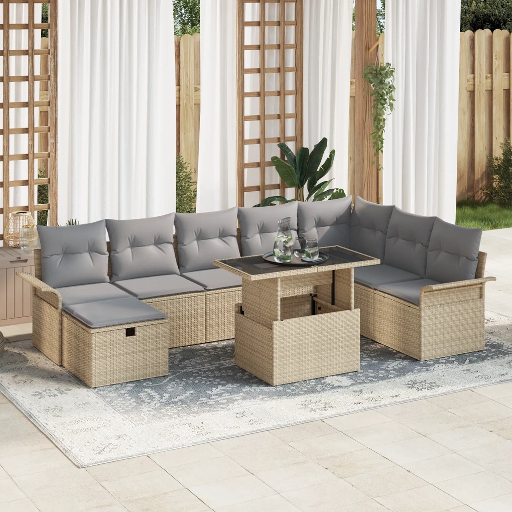 Conjunto de Sofás para Jardim de 9 Peças com Almofadas Bege Vime Polié