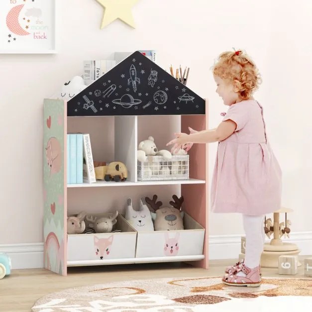 Estante em forma de casa para crianças Organizador de brinquedos em madeira com quadro branco 4 compartimentos 2 gavetas Rosa