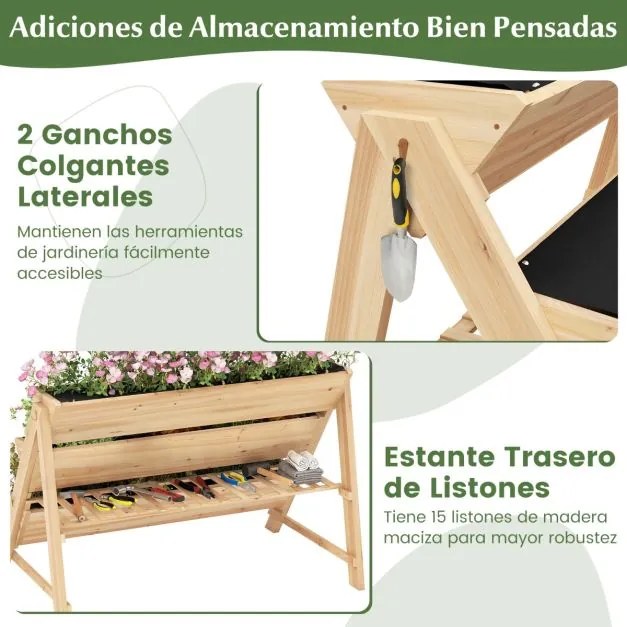 Floreira para vaos de jardim com 3 níveis, prateleira, 2 ganchos para pendurar e 3 forros para estufa 117 x 74 x 80 cm Natural
