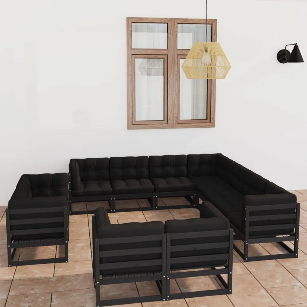 11pcs conj. longue de jardim c/ almofadões pinho maciço preto