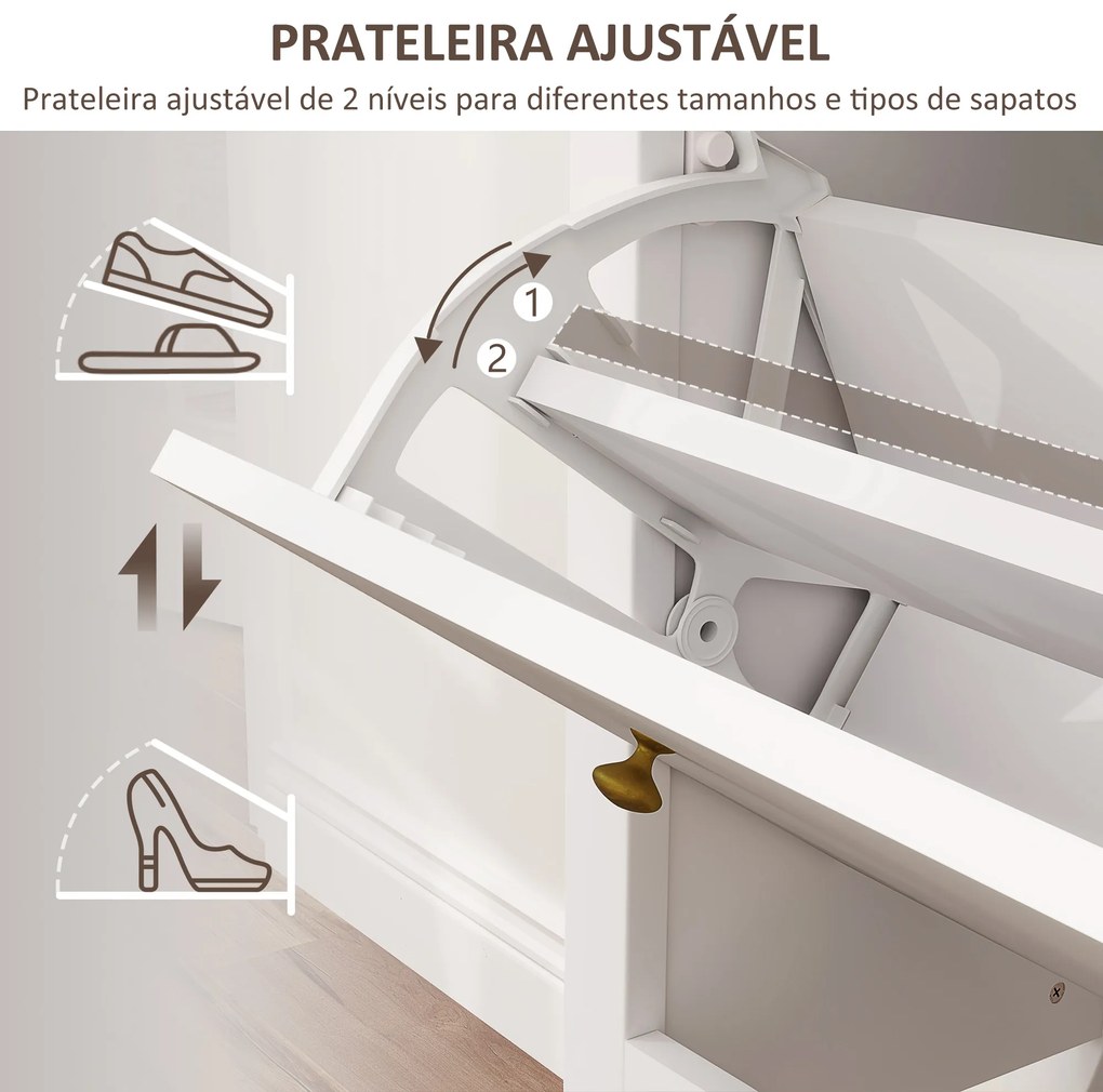 Móvel Sapateira Estilo Francês Sapateira com 2 Gavetas Prateleiras Ajustáveis para 16 Pares de Sapato 84x29x109 cm Branco