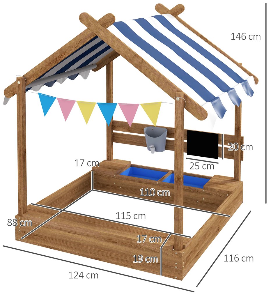 Caixa de Areia para Crianças de Madeira com Toldo Torneira e Ardósia para Pátio Jardim 124x116x146 cm Castanho