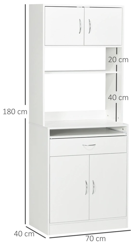 Armário de Cozinha com 4 Portas Bandeja Amovível Prateleira Ajustável Gaveta e Bancada para Micro-Ondas 70x40x180 cm Branco