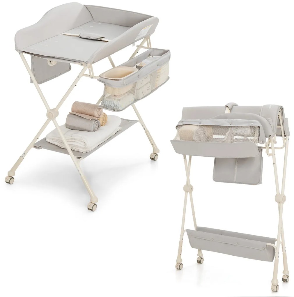 Mesa trocador de Fraldas bebé dobrável Altura Ajustável Cinto de Segurança Rodas 80 x 70 x 104 cm Cinzento