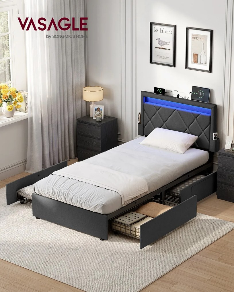 Estrutura de cama em metal 90 x 200 cm (COLCHÃO NÃO INCLUIDO) com iluminação LED nas gavetas e cabeceira cinzento escuro