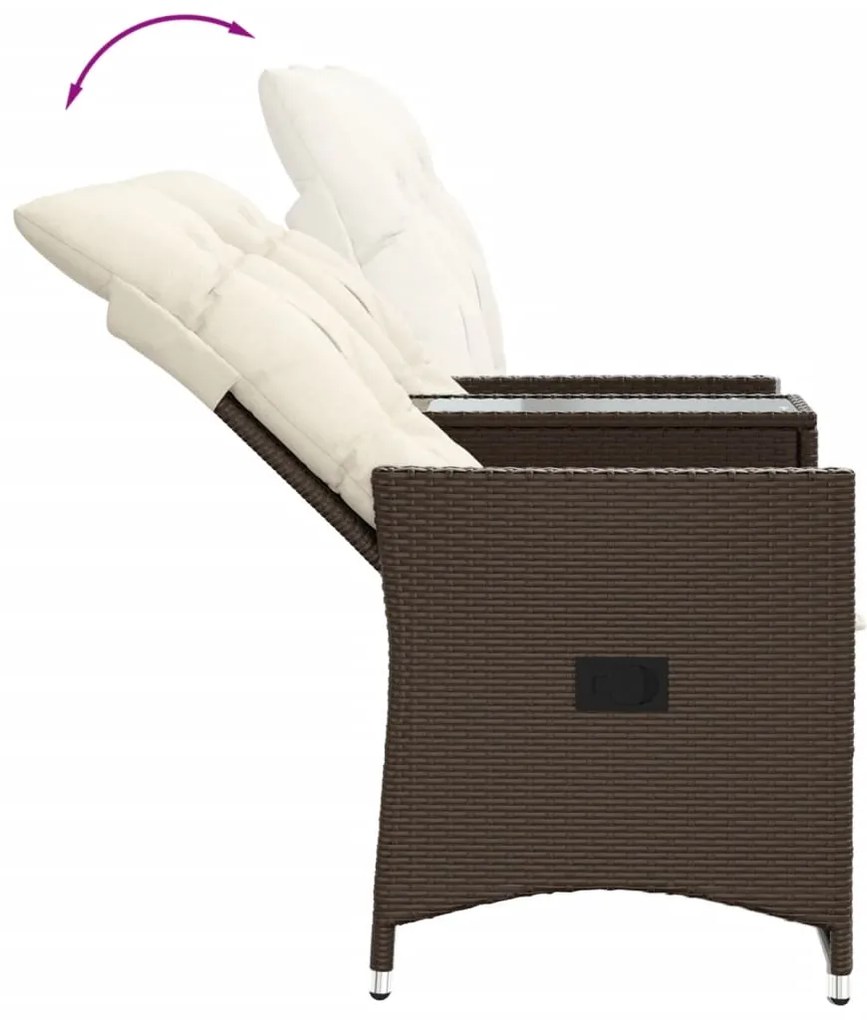 Sofá de jardim reclinável 2 lugares com mesa vime PE castanho