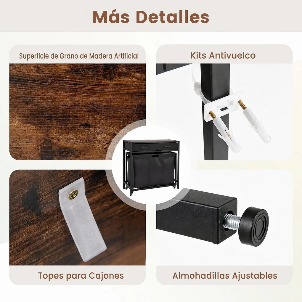 Cesto para Roupa Suja com Rodas, 80 x 32 x 77 cm, Três Compartimentos, Castanho