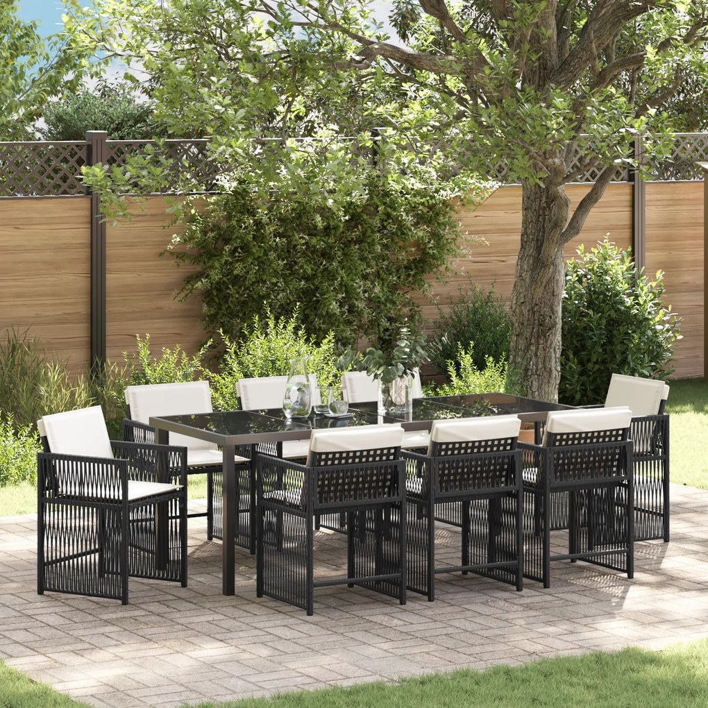 vidaXL Conjunto de Jantar de Jardim de 9 Peças com Almofadas de Vime PE Preto