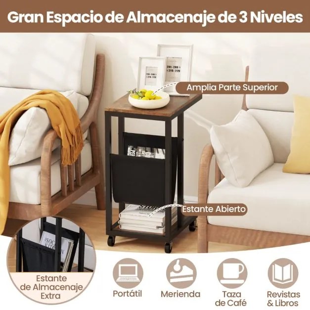 Mesa Auxiliar em Forma de C com Rodas Mesa de Sofá Industrial de 3 Níveis com Estrutura de Metal 40 x 28 x 59 cm Castanho Rústico