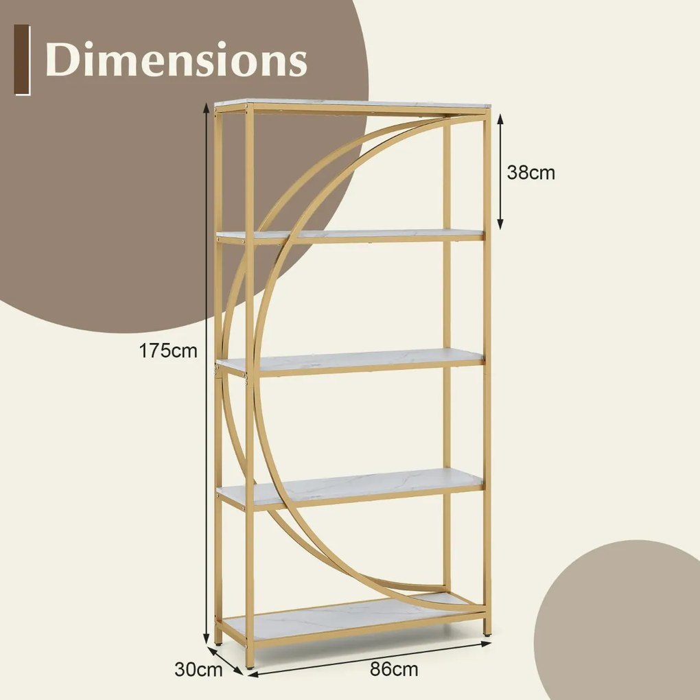 Estante de 5 níveis 86 x 30 x 175 cm com prateleiras de armazenamento abertas branco e Dourada