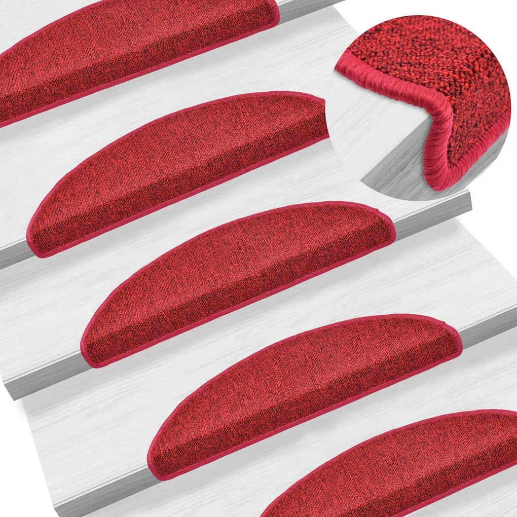 vidaXL Tapetes de escada 15 pcs 56x17x3 cm vermelho bordô