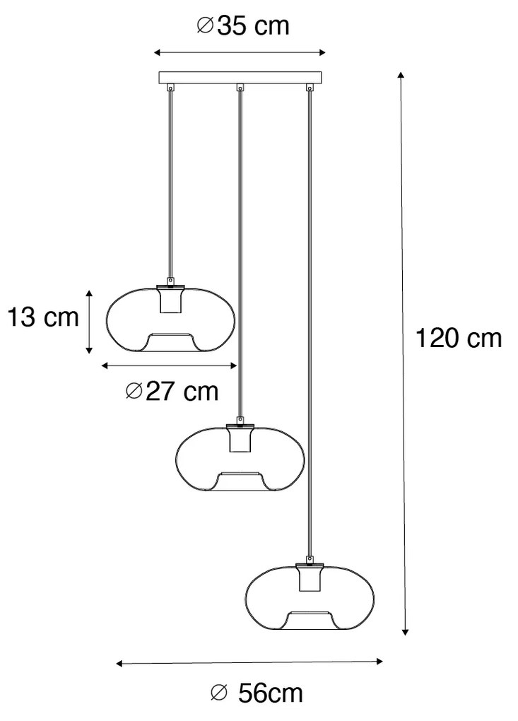 Candeeiro de suspensão Art Deco dourado com vidro redondo 3 luzes - Ayesha Art Deco