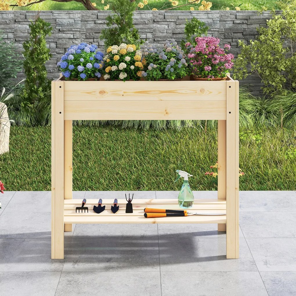 Floreira de Jardim 81 x 37 x 77 cm Elevada de Madeira com Pernas Floreira Elevada com Estante Drenagem Caixa de Plantação Interior e Exterior Floreira