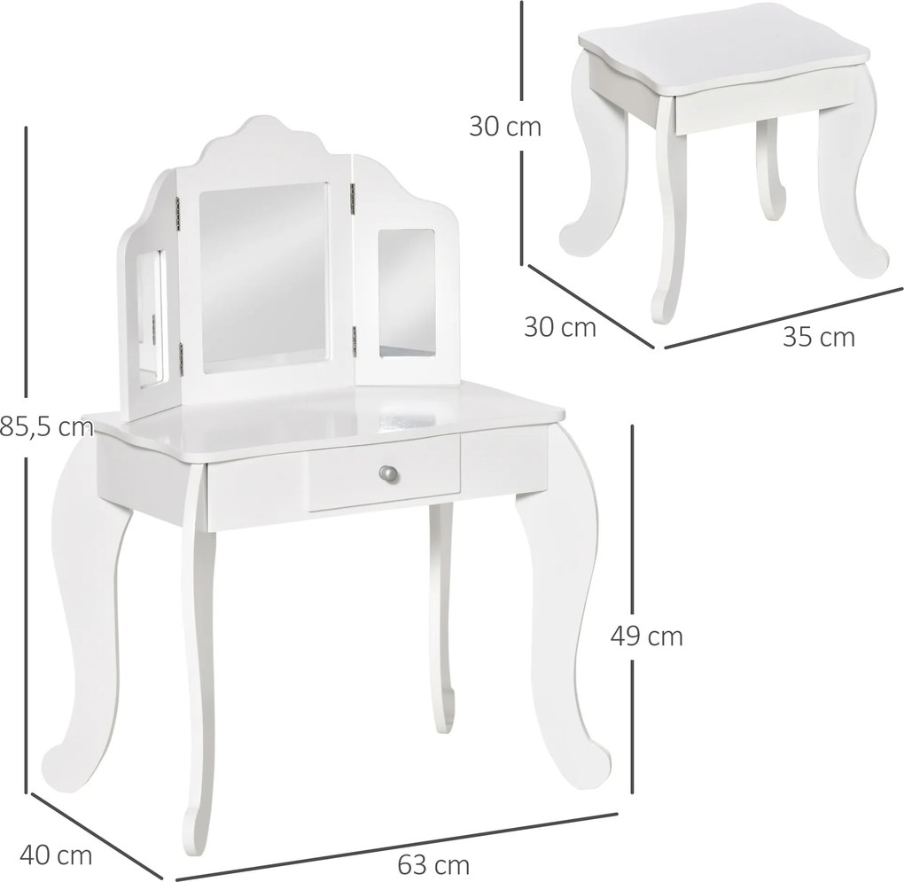 Toucador infantil com banquinho com espelho triplo e gaveta deslizante 63 x 40 x 85,5 cm - Branco acrílico