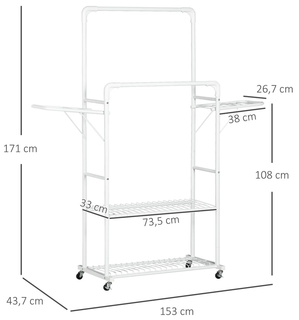 Guarda Roupa com Rodas com 2 Laterais Dobáveis 2 Trilhos e 2 Prateleiras de Armazenamento 153x43,7x171 cm Branco