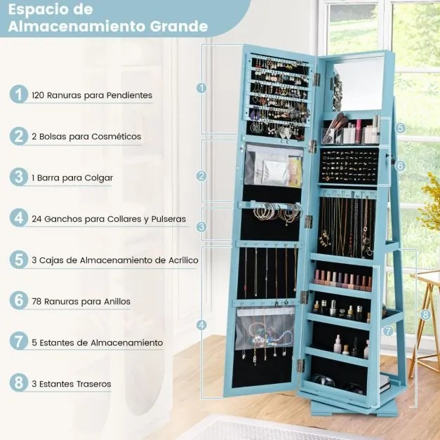Espelho giratório 360° para joias com espelho de corpo inteiro Organizador de joias com espelho para maquilhagem 39 x 39 x 161 cm Azul