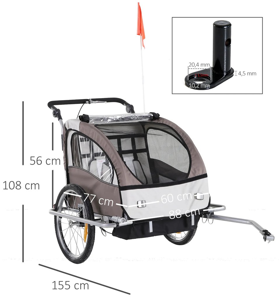 HOMCOM Reboque de Bicicleta para Crianças 2 Lugares 2 em 1 Reboque para Crianças Convertível em Carrinho com Rodas 360º Amortecedores e Guiador Ajustável Bege e Marrom