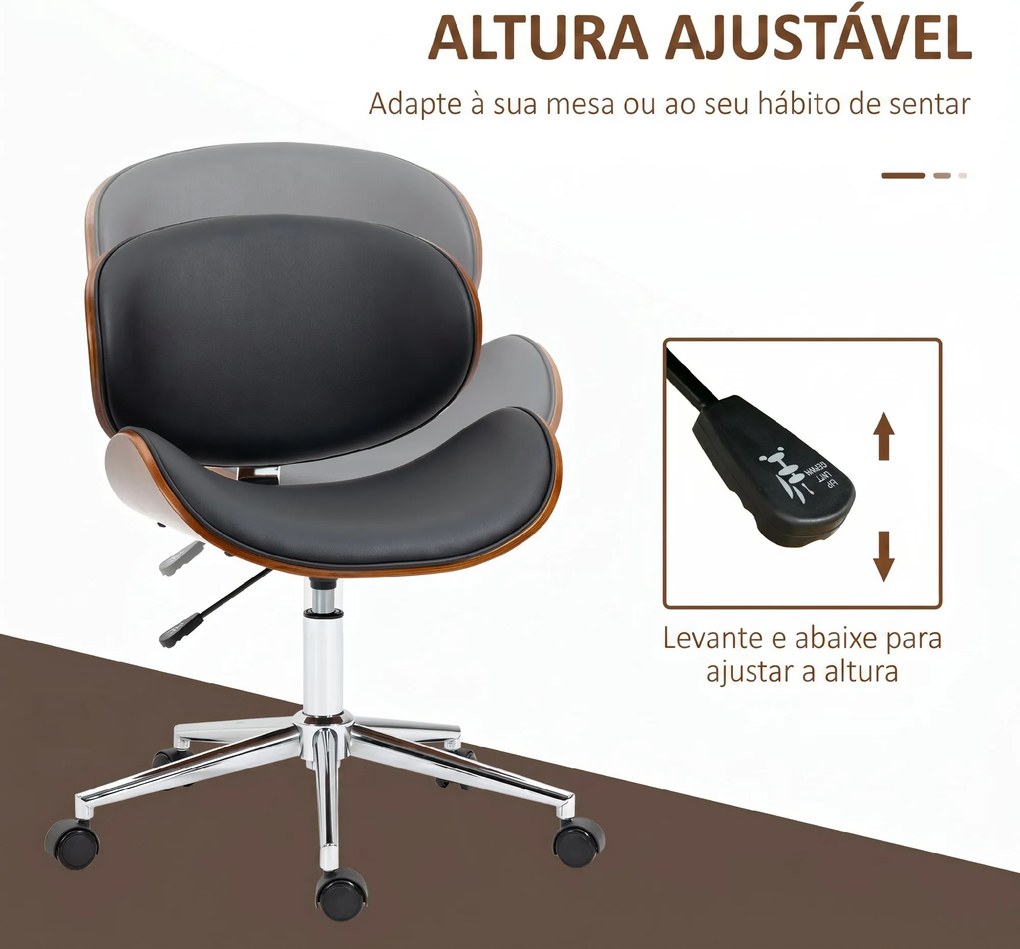 Cadeira de Escritório com Rodas Estofada em PU com Assento Largo e Curvado Altura Ajustável Preto