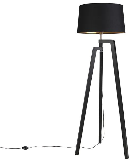 Candeeiro de pé tripé com abajur de algodão preto com dourado 50 cm - Puros Country / Rústico