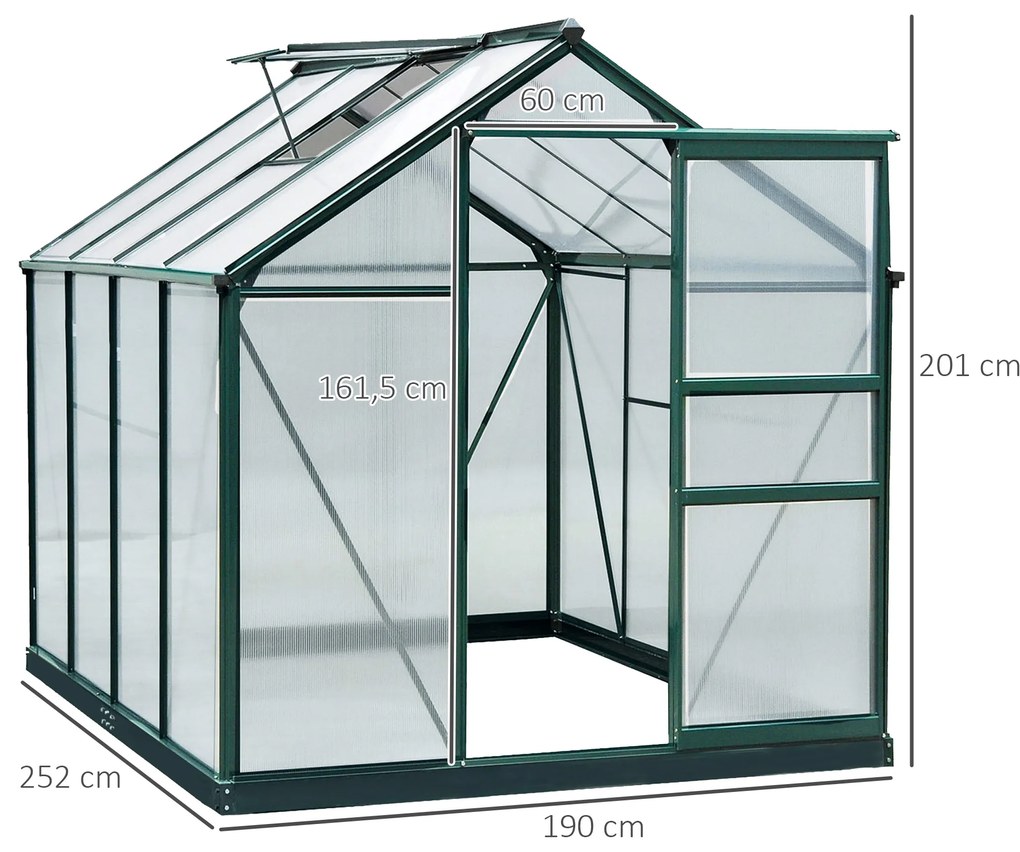 Outsunny Estufa de Jardim 2x2,5m de Policarbonato e Alumínio Estufa com Clarabóia Proteção UV 30 e Base 4,79 m² para Vasos Cultivos de Plantas e Flores Transparente