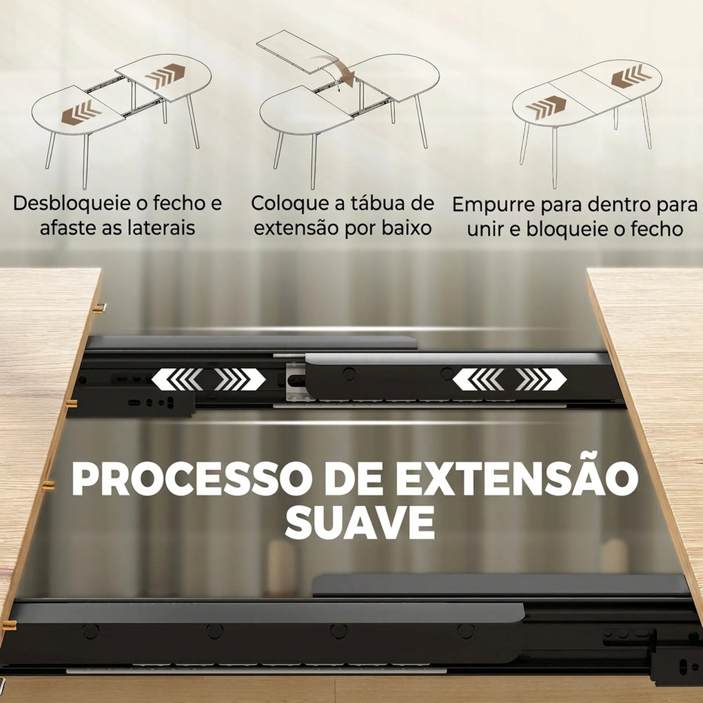 Mesa de Jantar Extensível Oval para 4-6 Pessoas (CADEIRAS NÃO INCLUIDAS) com Pés de Ferro e Bordos Arredondados, cor Carvalho