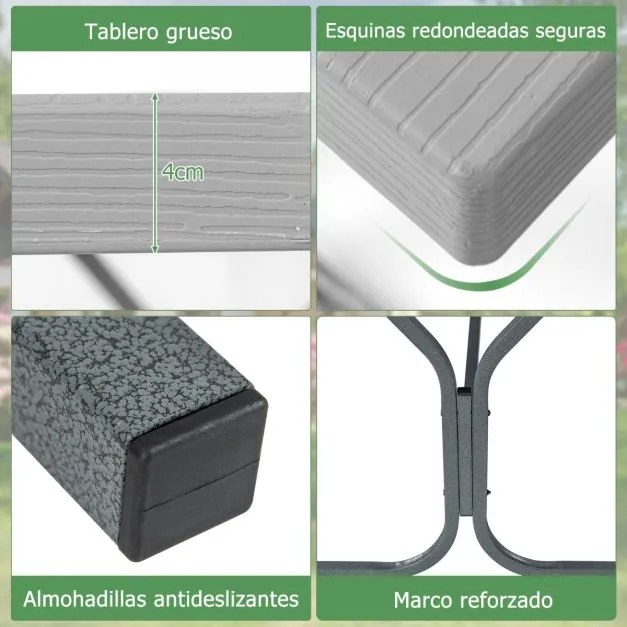 Conjunto jardim de 2 bancos e mesa para 8 pessoas com estrutura metálica Buraco para guarda-sol Cinzento