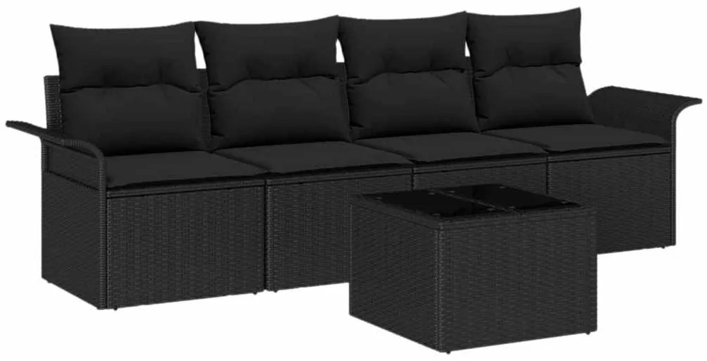 Conjunto de Sofá de Jardim de 5 Peças com Almofadas Pretas em Rattan