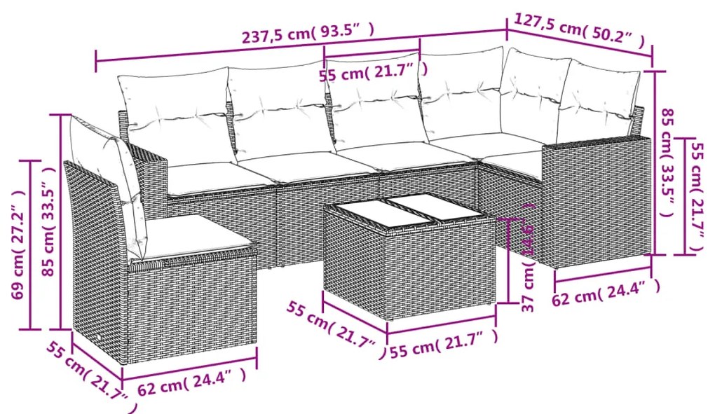 7 pcs conj. sofás jardim com almofadões vime PE cinzento-claro