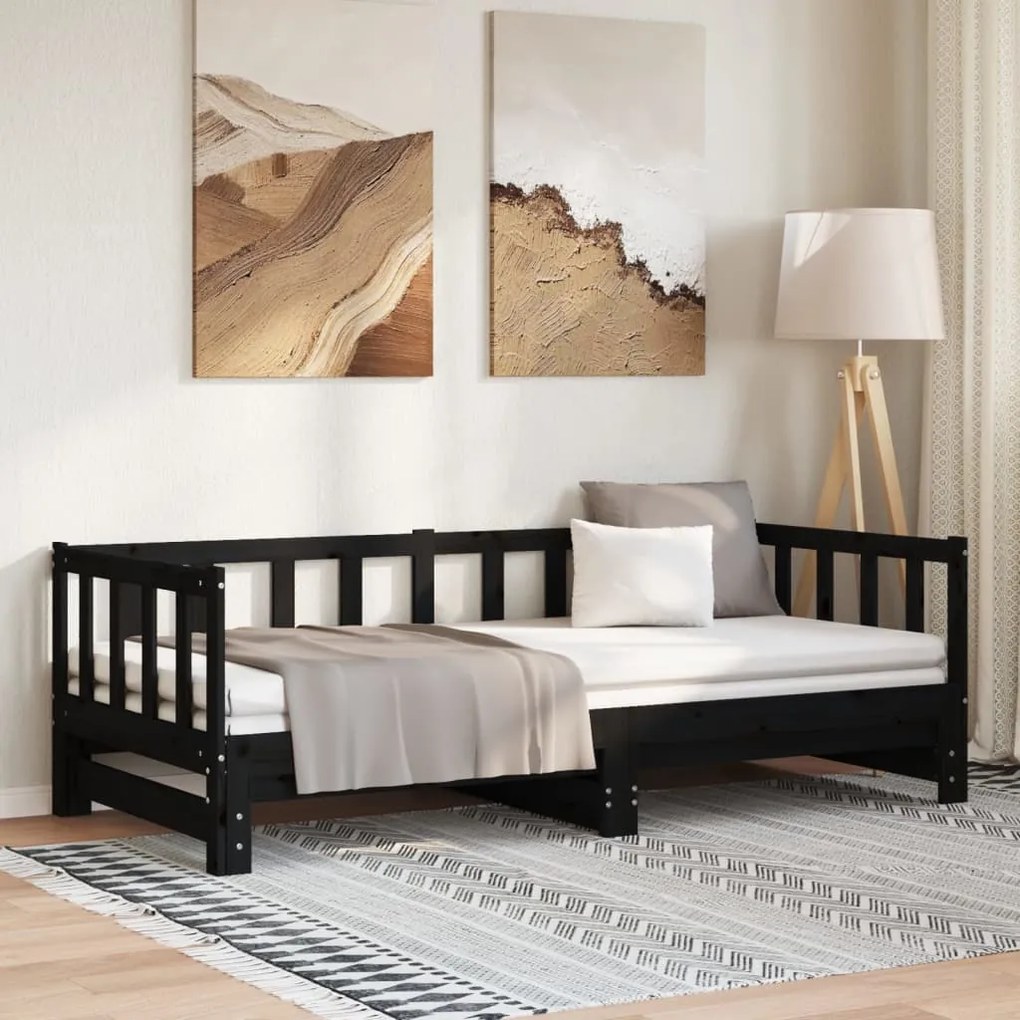 Sofá-cama com gavetão 90x200 cm madeira de pinho maciça preto