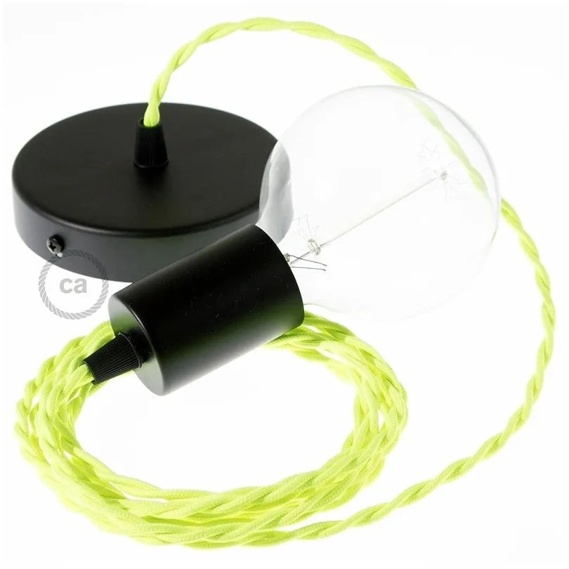 Candeeiro suspenso único, lâmpada suspensa com cabo têxtil Fluo Amarelo TF10 - 1 Metro / Kit para montar / Preto