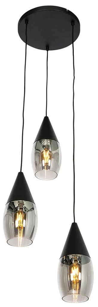 Candeeiro de suspensão moderno preto com vidro fumê 3 luzes - Drop Moderno
