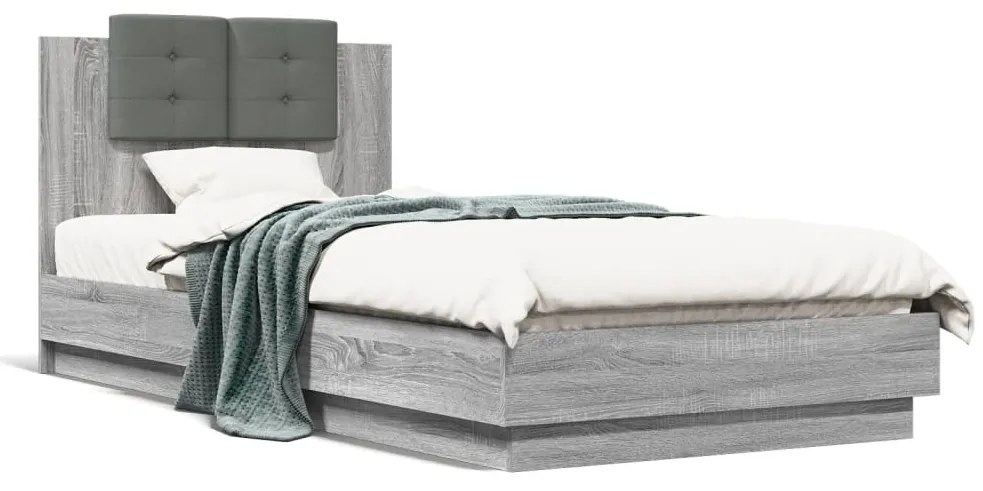 vidaXL Estrutura de cama c/ cabeceira/luzes LED 90x200 cm cinza sonoma