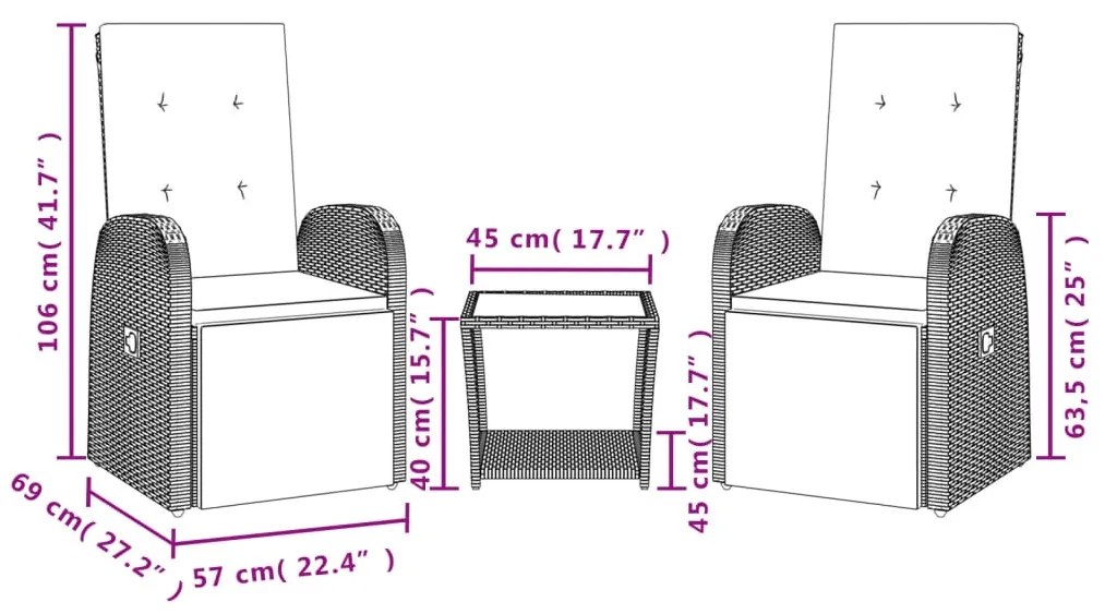 3 pcs conjunto de jantar p/ jardim c/ almofadões vime PE cinza