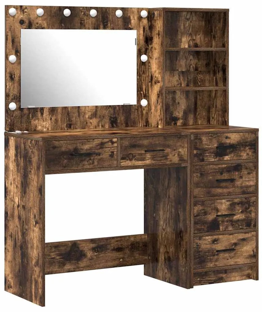 Conjunto de Penteadeira de 2 Peças com LED em Madeira de Carvalho Fuma