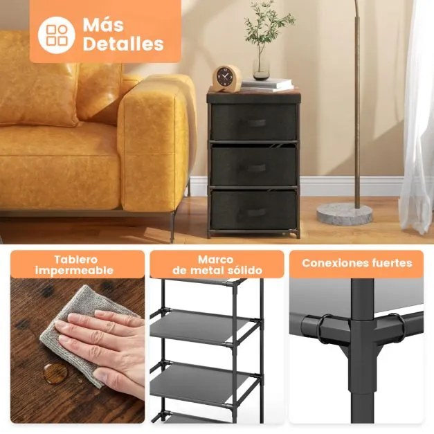Conjunto 2 Mesas de cabeceira, mesas de apoio com 3 gavetas tecido Estrutura metálica 40 cm x 30 cm x 62 cm Preto e Castanha