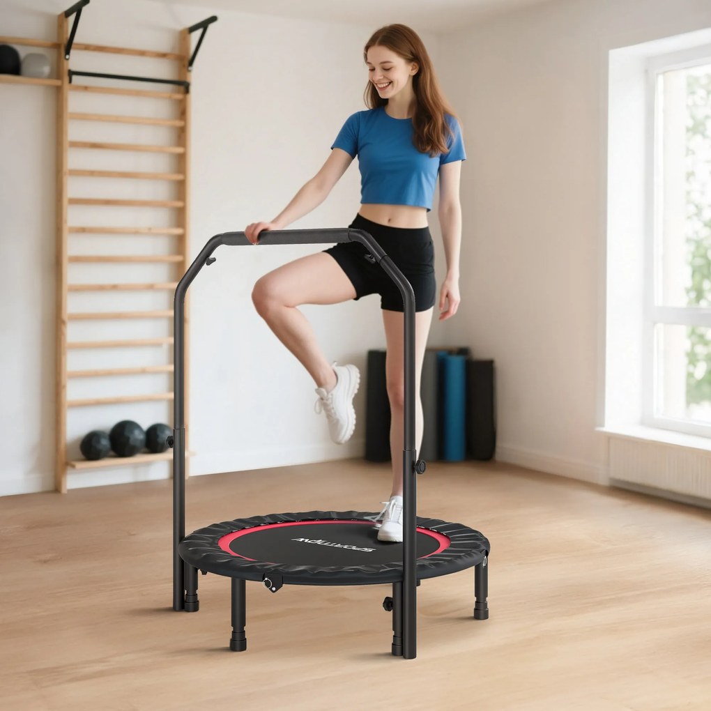 Trampolim de Fitness Ø102 cm Dobrável com Guiador Ajustável de 4 Níveis e Bandas para Treino de Pernas e Corpo Vermelho