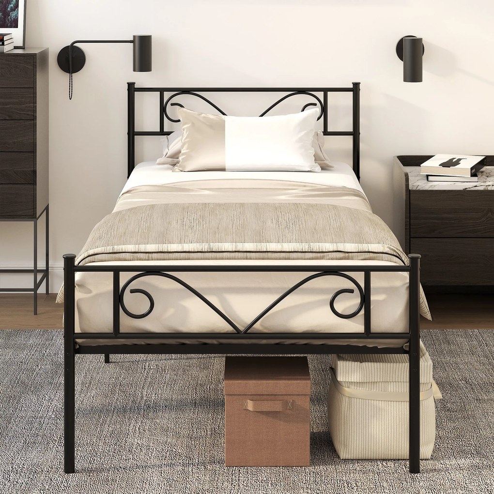 Estrutura de Cama Individual de Metal 31cm para Colchão 90x190cm com Cabeceira com Forma de Mariposa Estrutura de Cama com Espaço em Baixo de Armazena