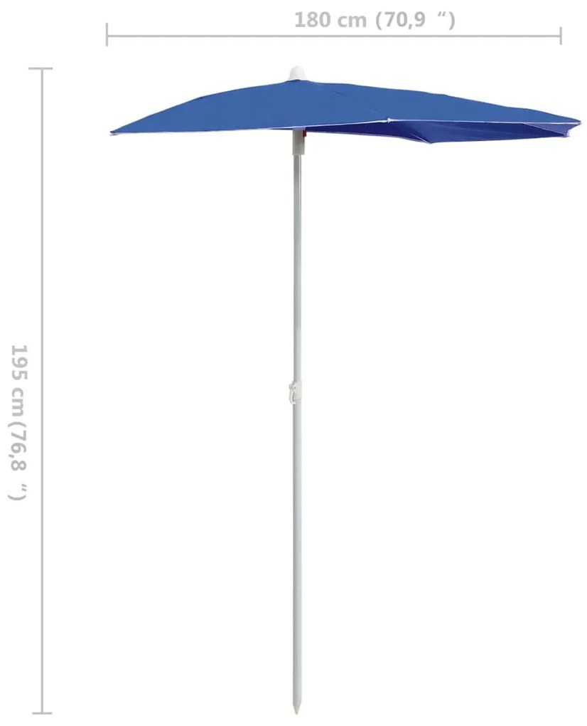 Guarda-sol semicircular com mastro 180x90 cm azul-ciano