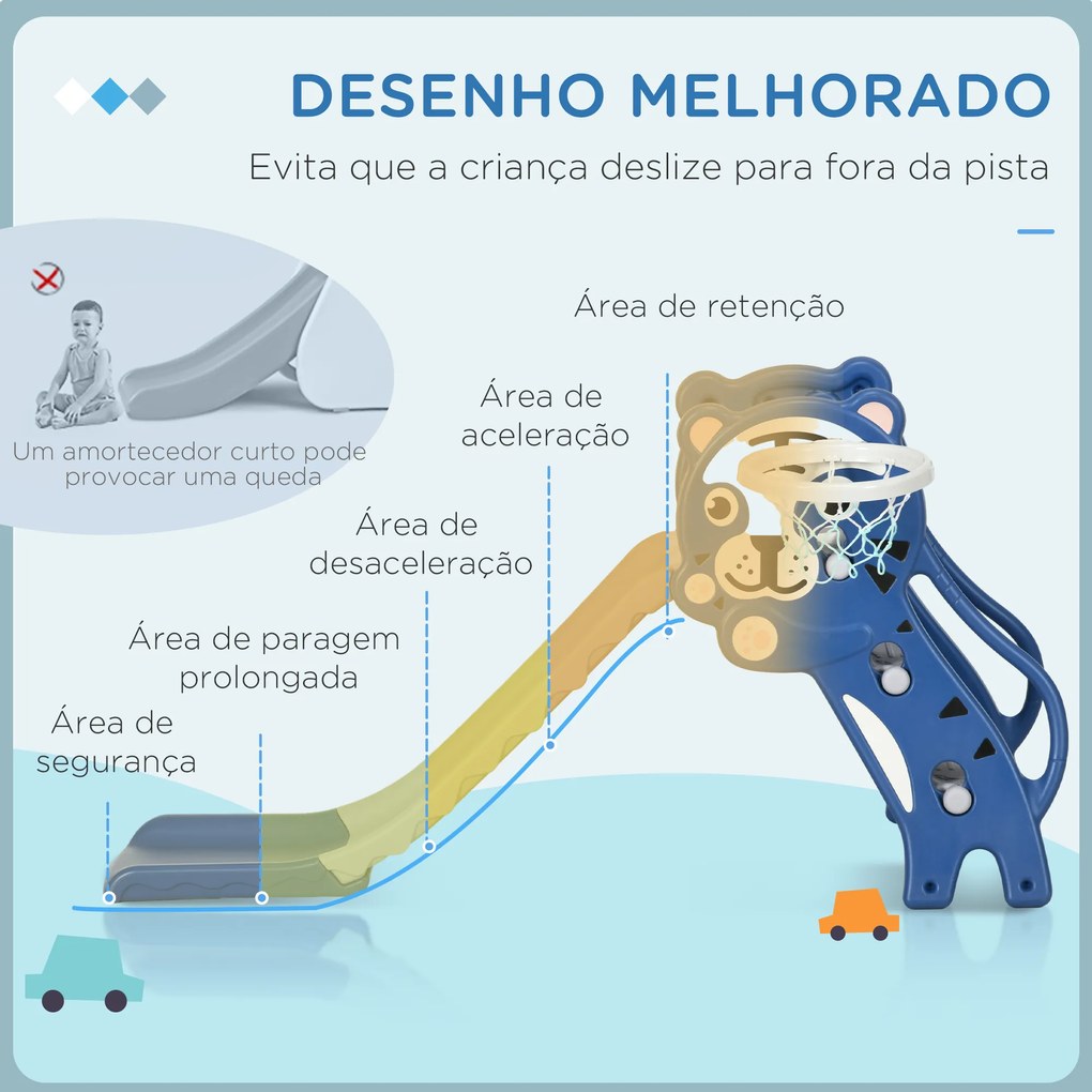 Escorrega para Crianças 2 em 1 com 2 Degraus Cesta de Basquetebol e Desenho de Tigre para Interior 133x60x70 cm Azul