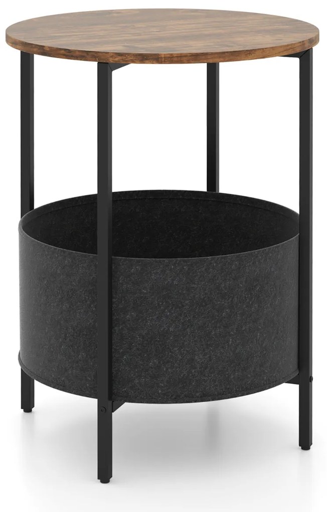 Mesa de apoio redonda 44 x 61 cm para espaços pequenos de 2 níveis com cesto de tecido Estrutura metálica Castanho