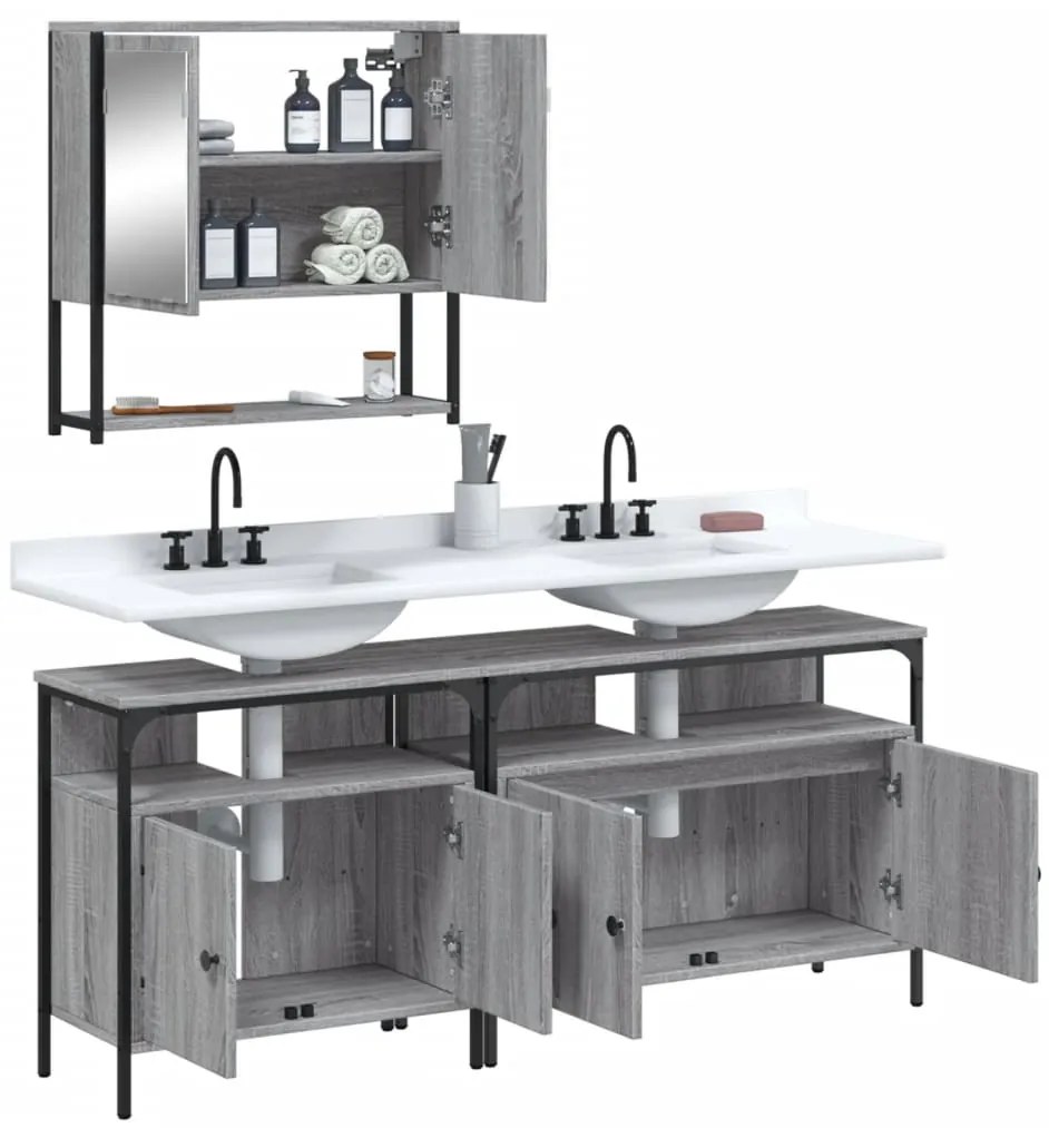 3 pcs Conjunto móveis casa de banho madeira proc. cinza sonoma