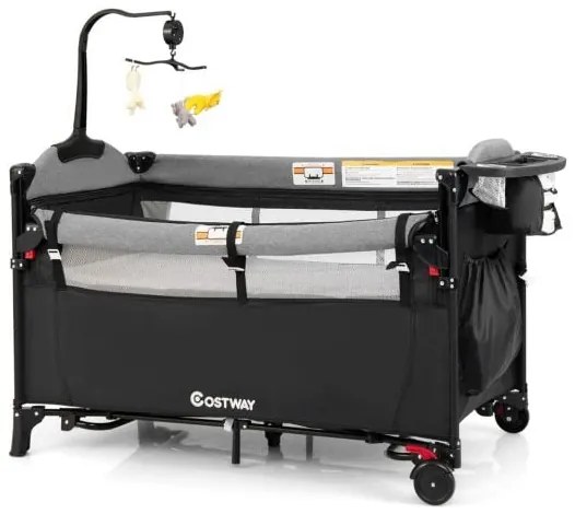 Cama de bebê conversível 5 em 1 com trocador e bolsa de armazenamento cinza