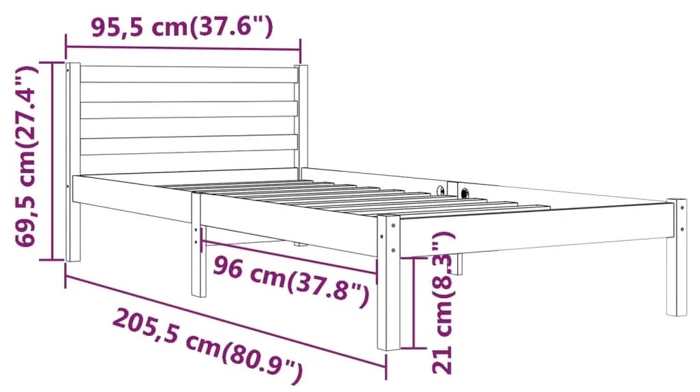 Estrutura de cama 90 x 200 cm madeira de pinho maciça