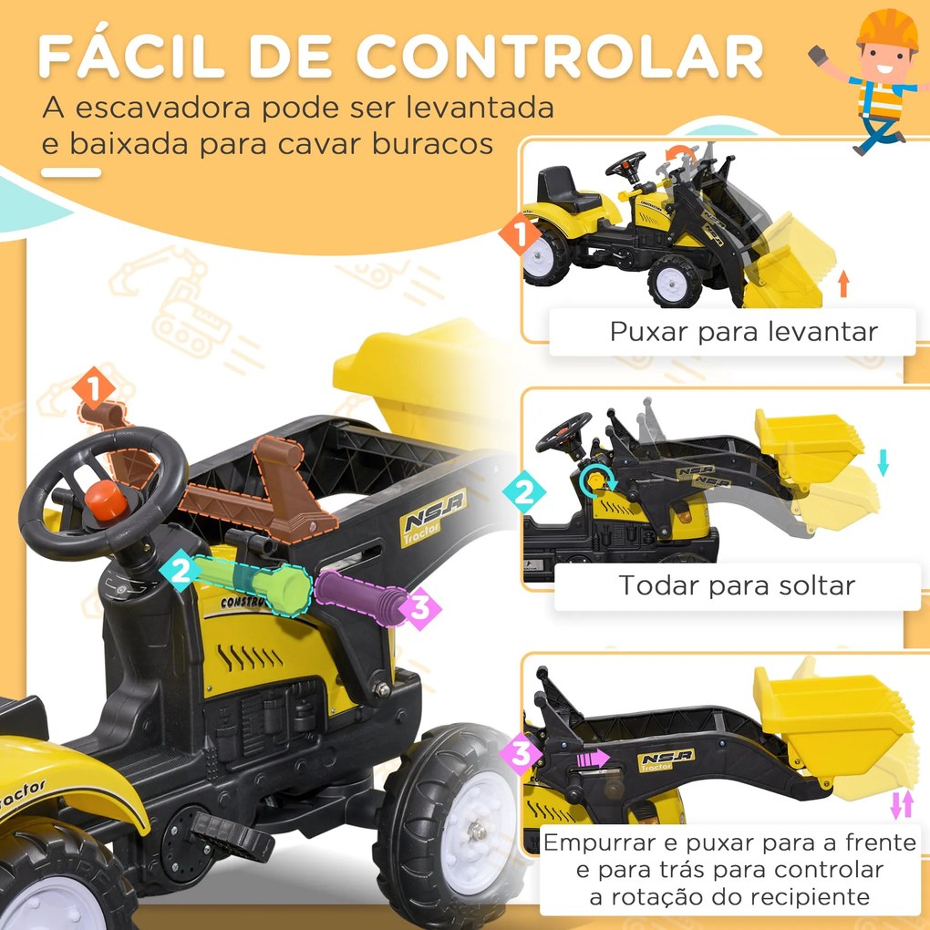 HOMCOM Trator a Pedal para Crianças acima de 3 Anos Trator Escavadora