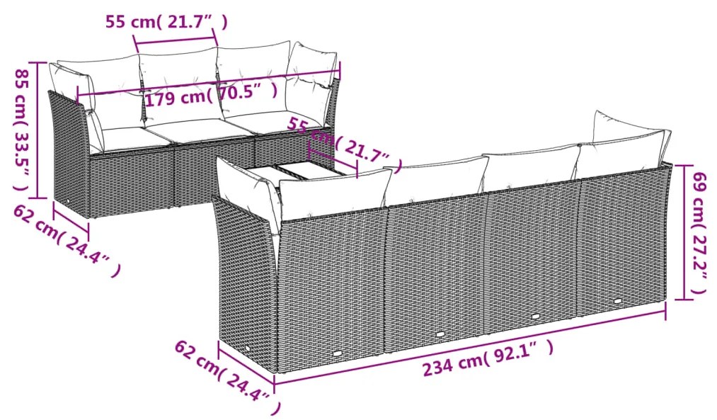 8 pcs conj. sofás jardim c/ almofadões vime PE cinzento-claro