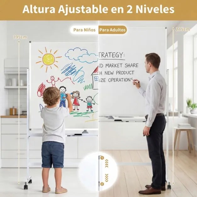 Quadro magnético 156 x 54 x 195/215 cm dupla face móvel com suporte ajustável e rodas bloqueáveis para escritório, casa e sala de aula Branco